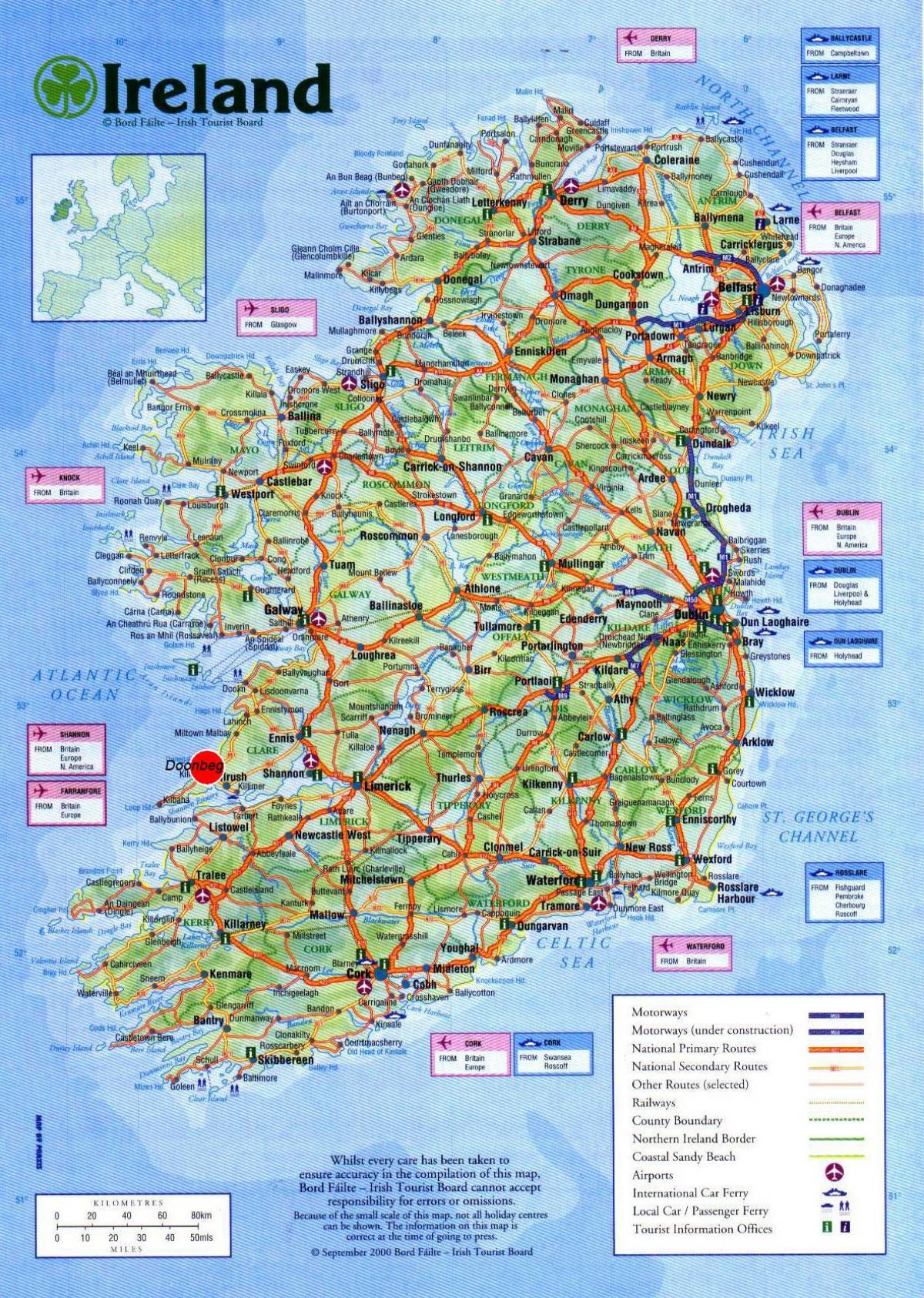 מפה של אירלנד מראה אטרקציות תיירותיות