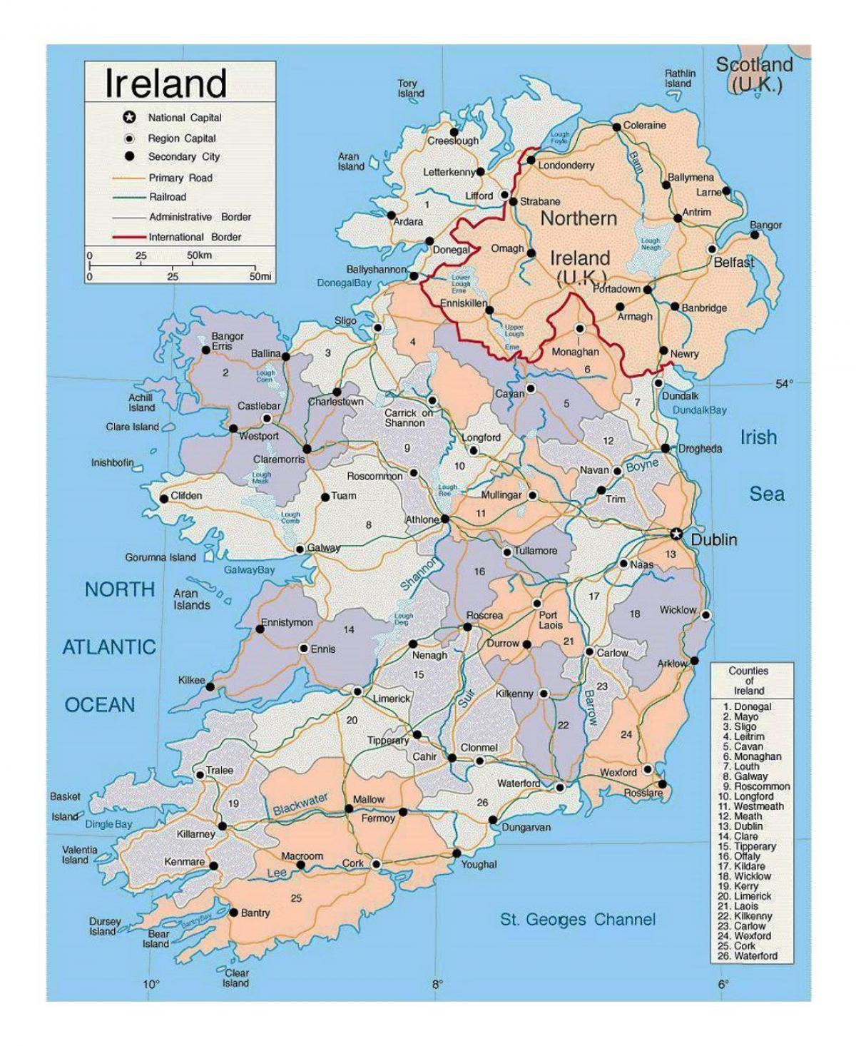 מפה של אירלנד עם ערים