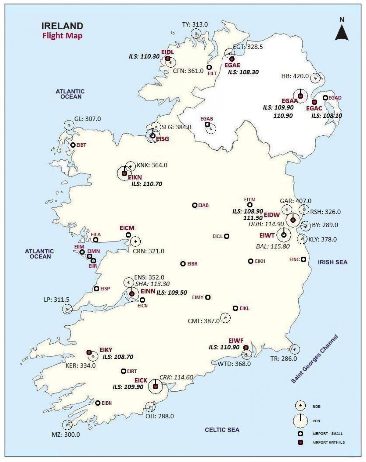 מפה של אירלנד מראה שדות התעופה.