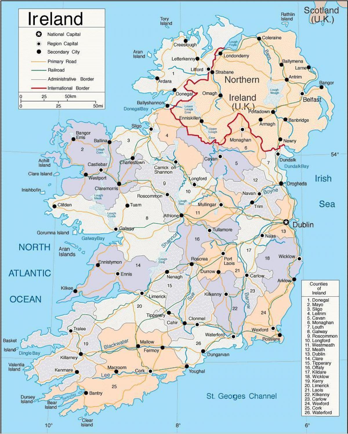 מפה של אירלנד כולל מחוזות.