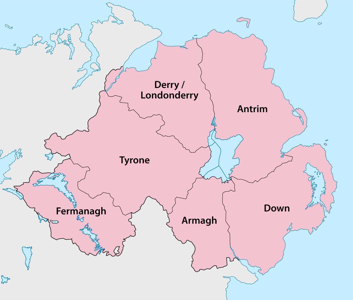 מפה של צפון אירלנד מחוזות ועיירות